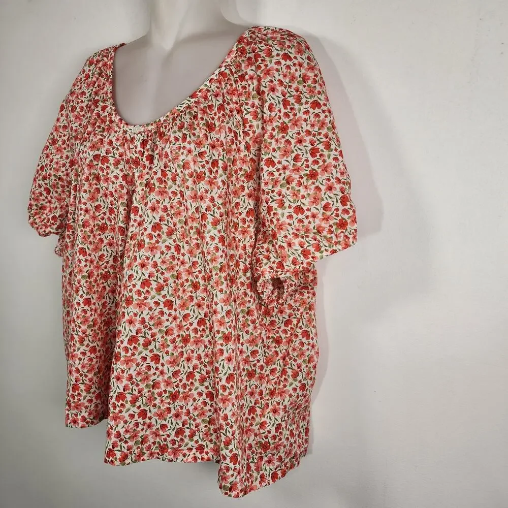 Old Navy Womens Airy Button Down Top XL Short Sleeve Red Floral Cotton Relaxed